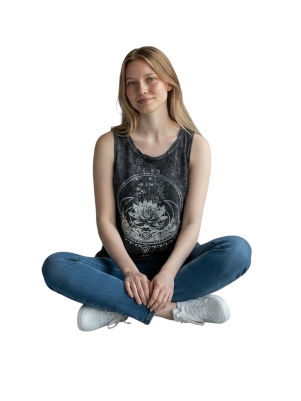 Black Moon Distressed Acid Wash Tank Top Lotus Graphic Sleeveless Small